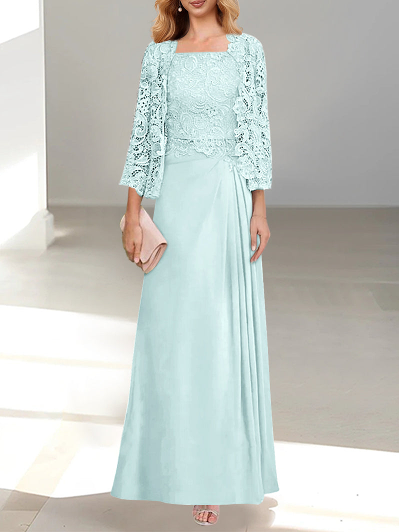 2 A Line Scoop Mother of the Bride Dress with Pleated & Lace Appliques Long