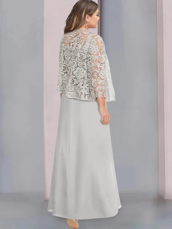 2 A Line Scoop Mother of the Bride Dress with Pleated & Lace Appliques Long