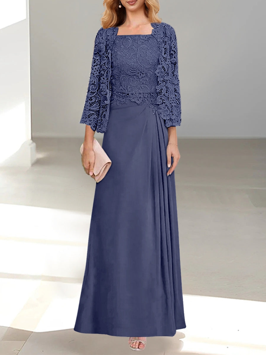 2 A Line Scoop Mother of the Bride Dress with Pleated & Lace Appliques Long