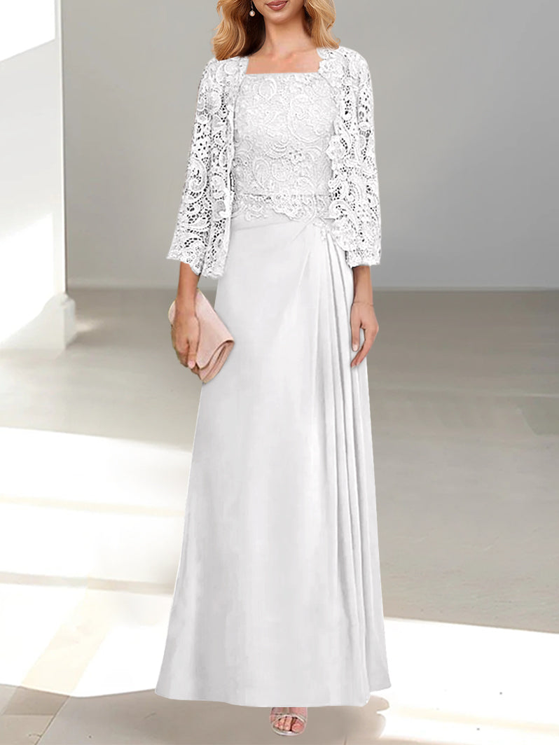 2 A Line Scoop Mother of the Bride Dress with Pleated & Lace Appliques Long