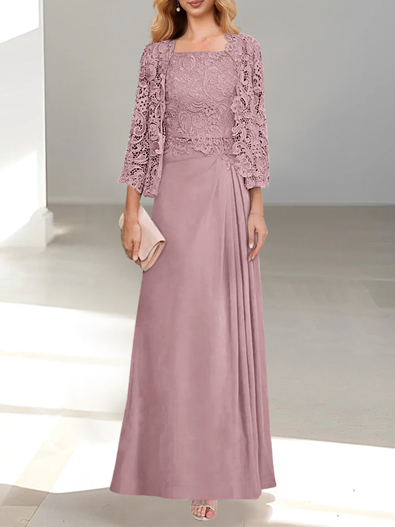 2 A Line Scoop Mother of the Bride Dress with Pleated & Lace Appliques Long