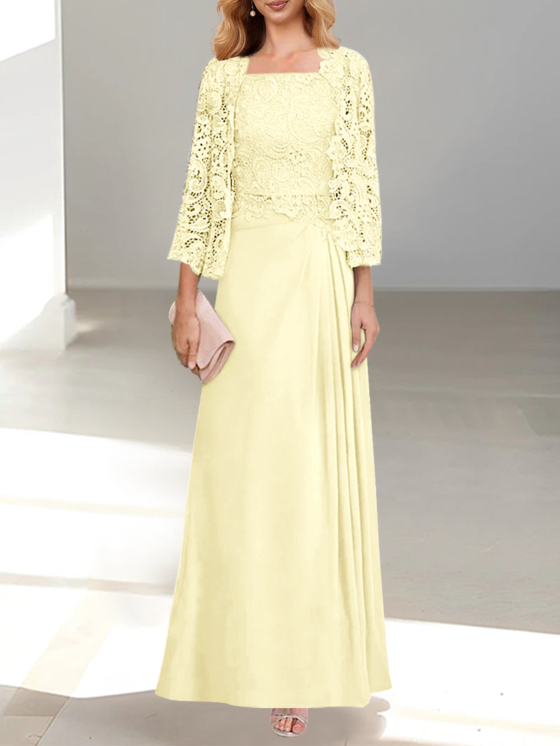 2 A Line Scoop Mother of the Bride Dress with Pleated & Lace Appliques Long
