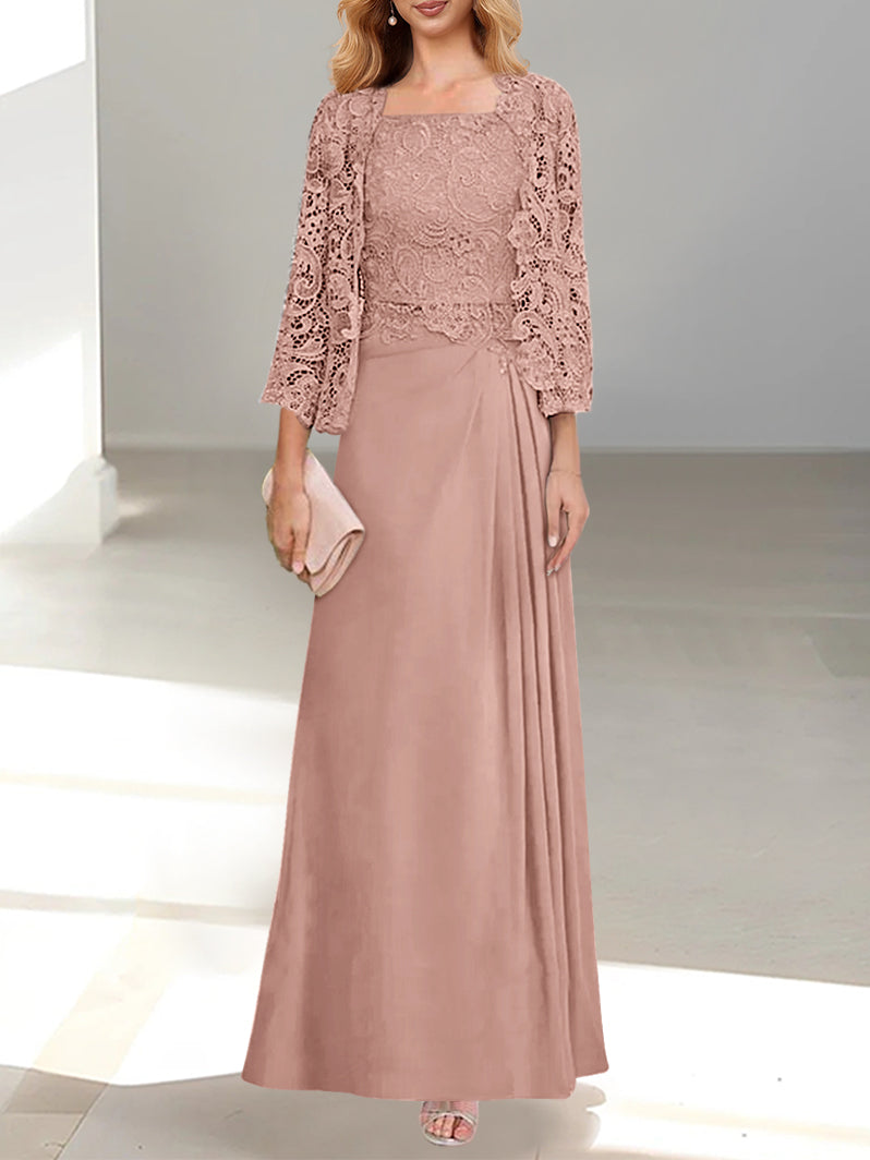 2 A Line Scoop Mother of the Bride Dress with Pleated & Lace Appliques Long