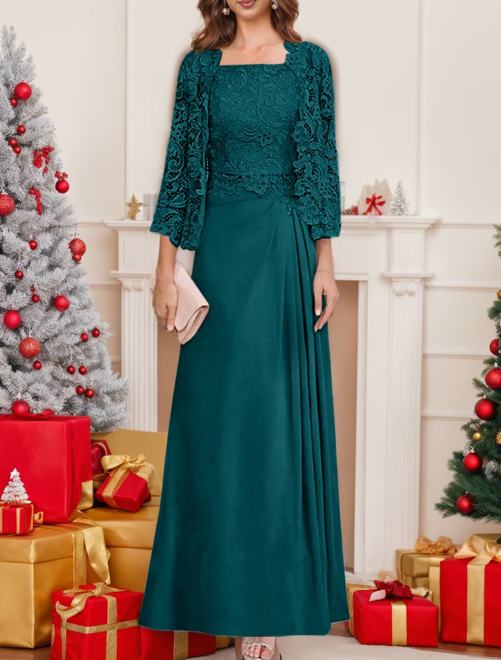 2 A Line Scoop Mother of the Bride Dress with Pleated & Lace Appliques Long
