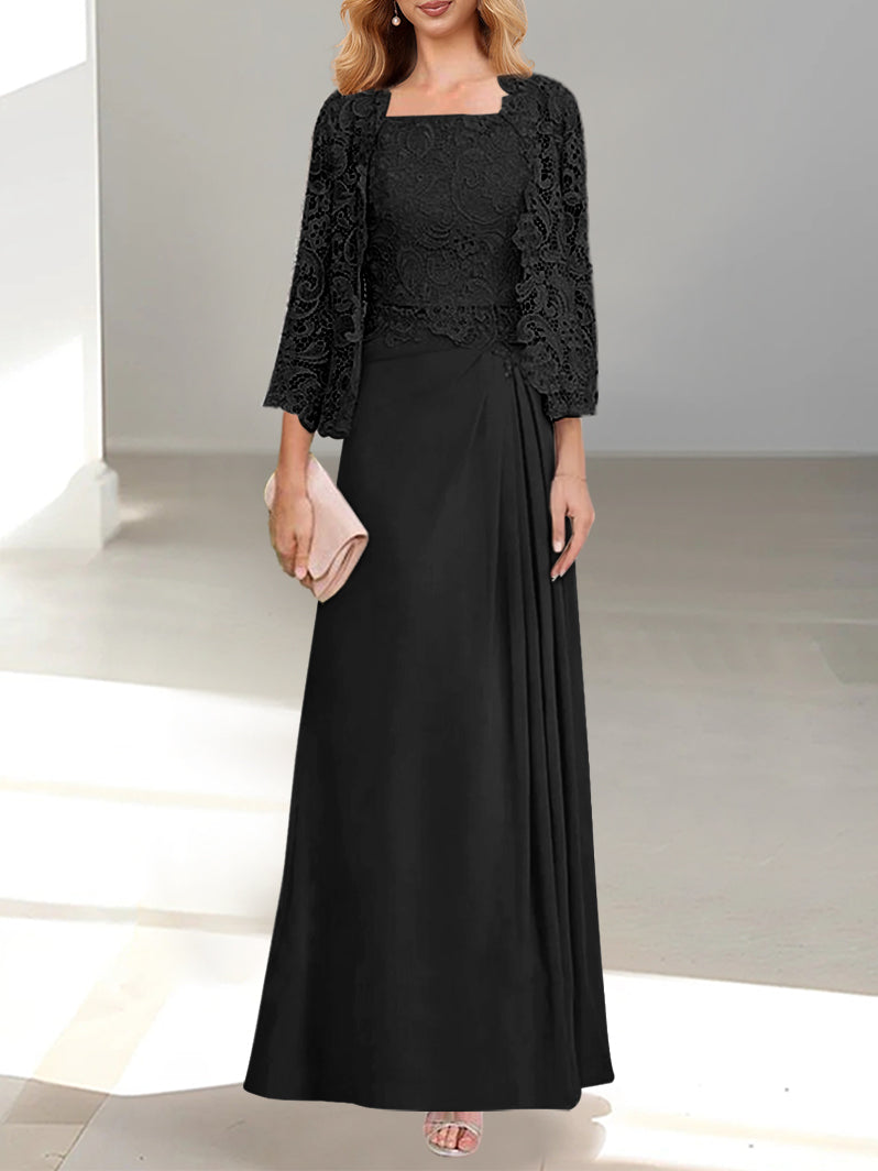 2 A Line Scoop Mother of the Bride Dress with Pleated & Lace Appliques Long