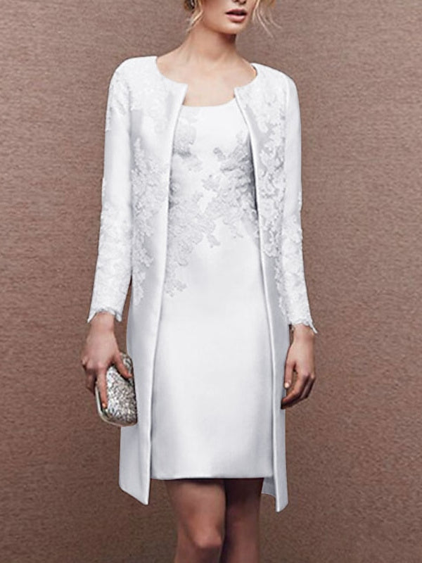 2 Knee Length Satin Lace Sheath Dress for Mothers of the Bride Sleeveless with Appliques