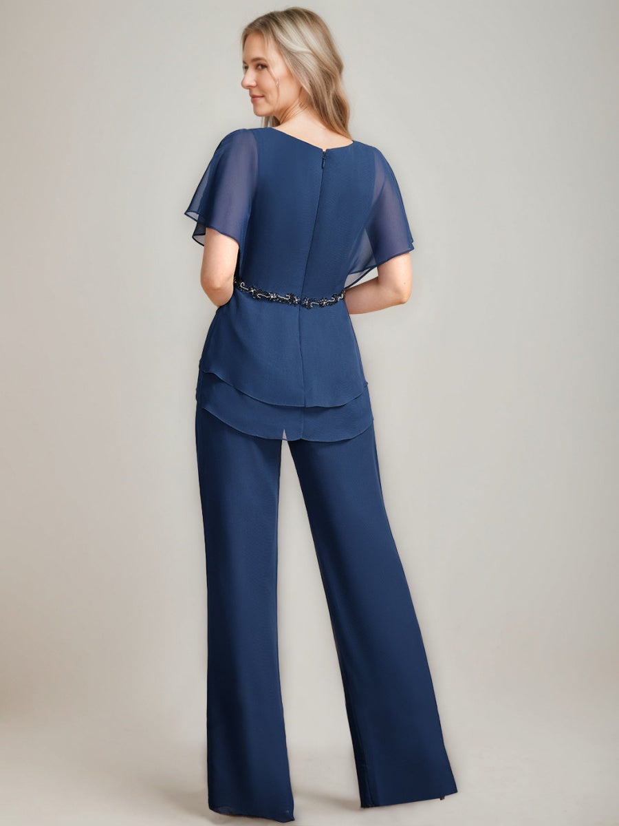 2 Mother of the Bride Pantsuits with V Neck Ruched Detail Flutter Sleeves and Long Beading