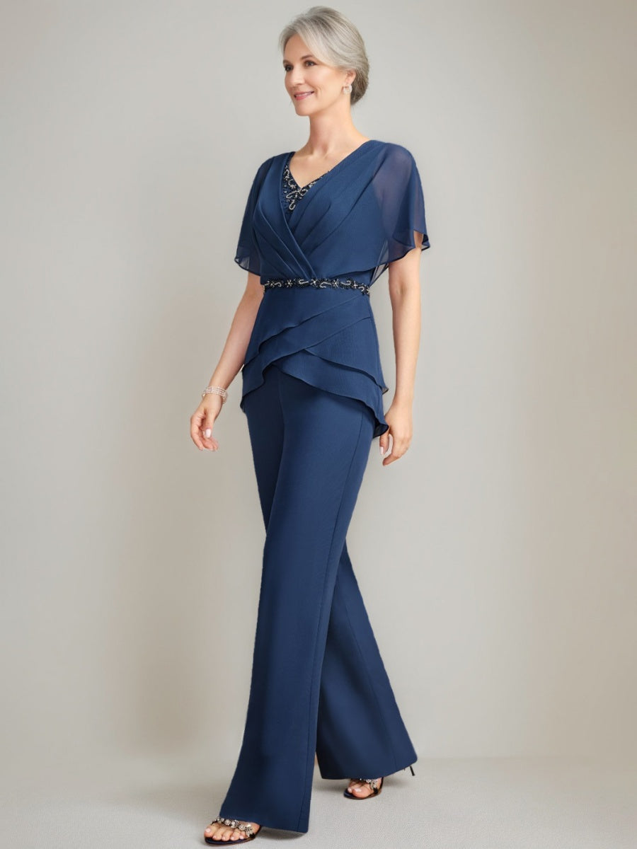 2 Mother of the Bride Pantsuits with V Neck Ruched Detail Flutter Sleeves and Long Beading