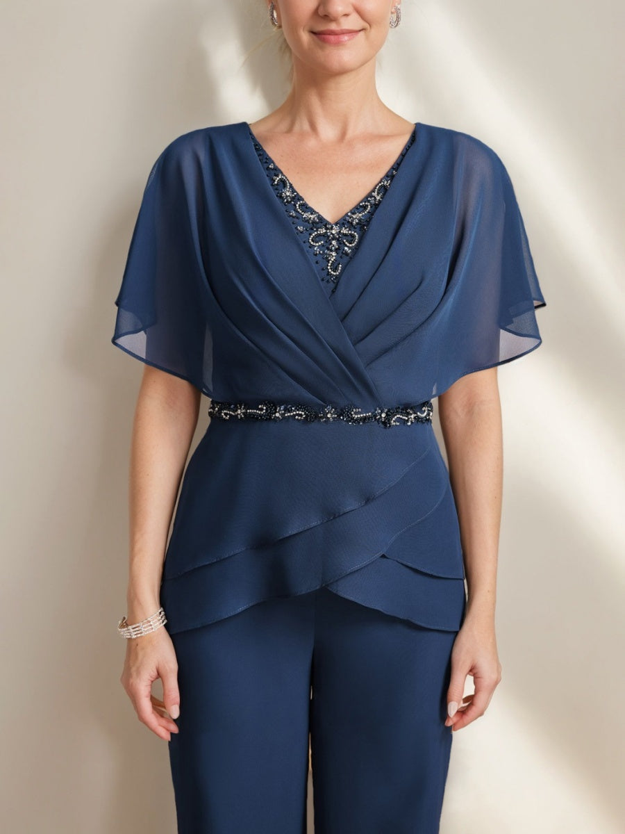 2 Mother of the Bride Pantsuits with V Neck Ruched Detail Flutter Sleeves and Long Beading