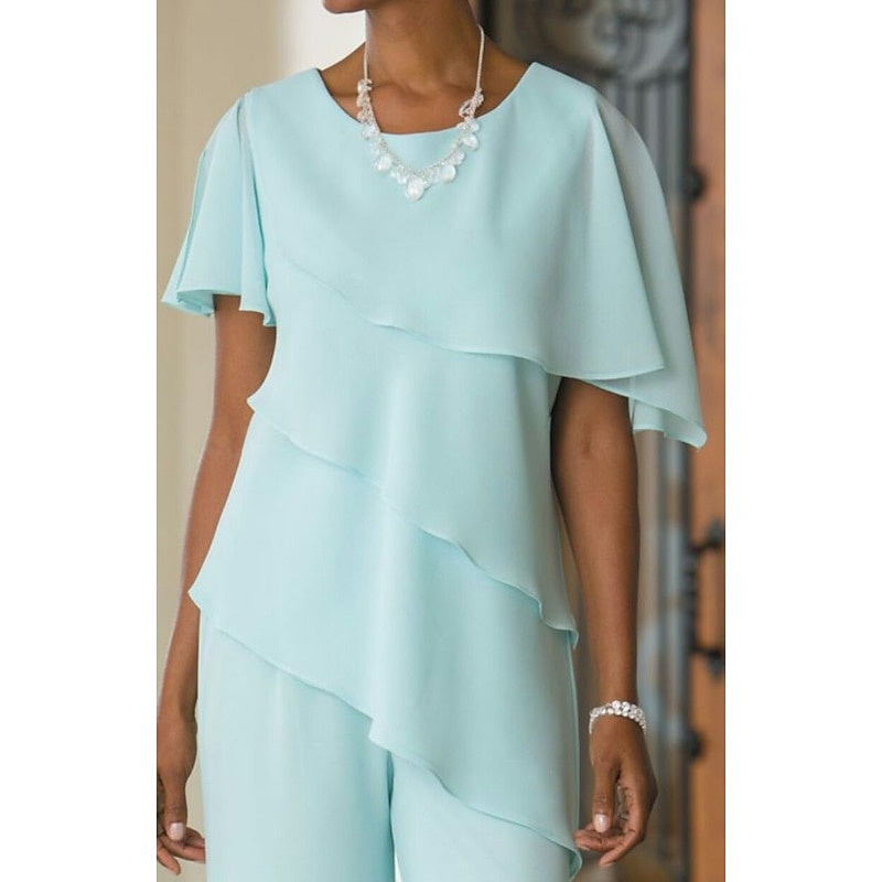 2 Piece Long Mother of the Bride Jumpsuit with Jewel Neckline
