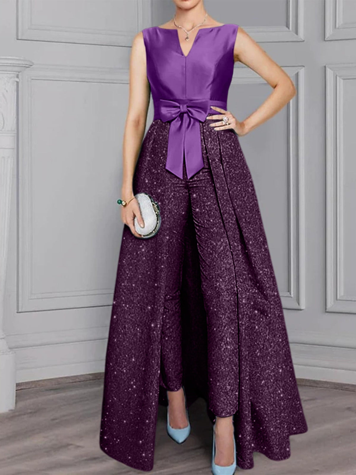 2 Piece Long Sleeve Mother of the Bride Pantsuit with Sash and Sequins