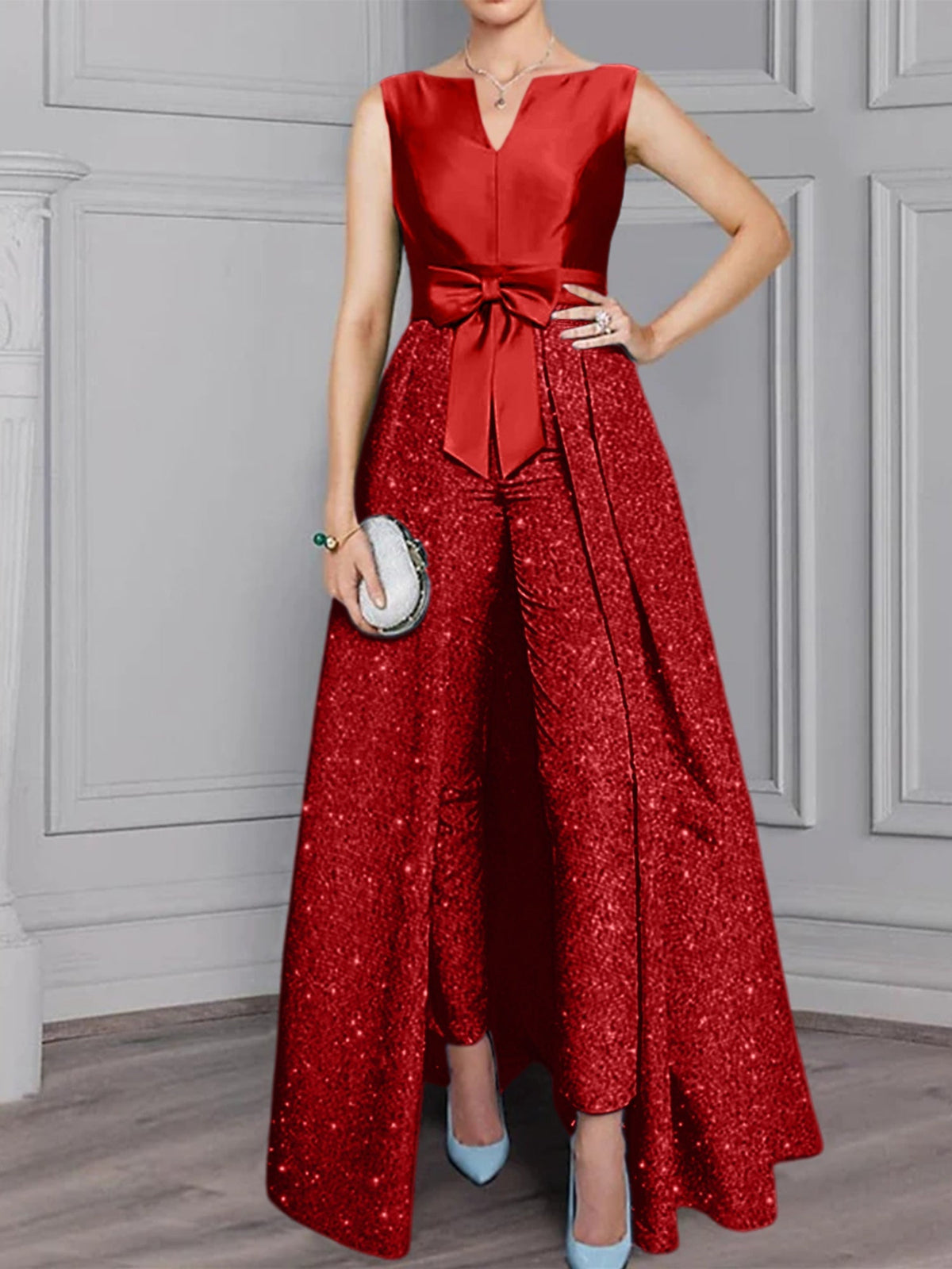 2 Piece Long Sleeve Mother of the Bride Pantsuit with Sash and Sequins