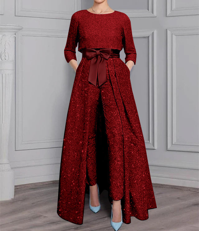 2 Piece Long Sleeve Mother of the Bride Pantsuit with Sash and Sequins