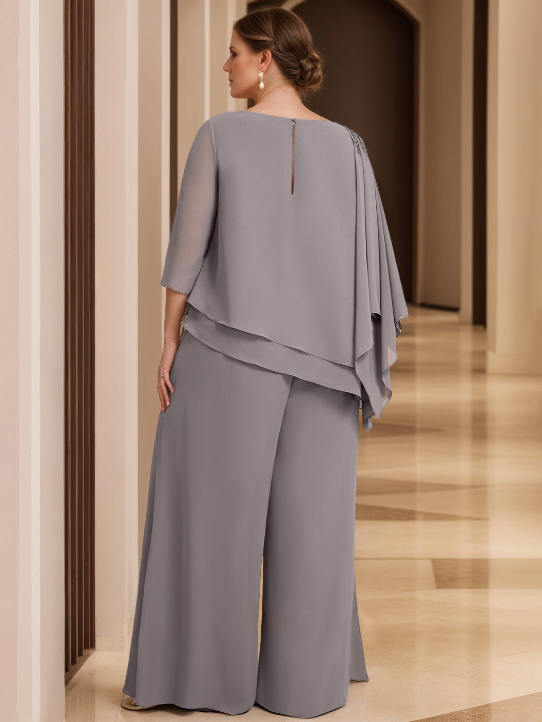 2 Piece Scoop Neck Chiffon Gown with 3/4 Sleeves and Beading for Plus Size Mothers of the Bride