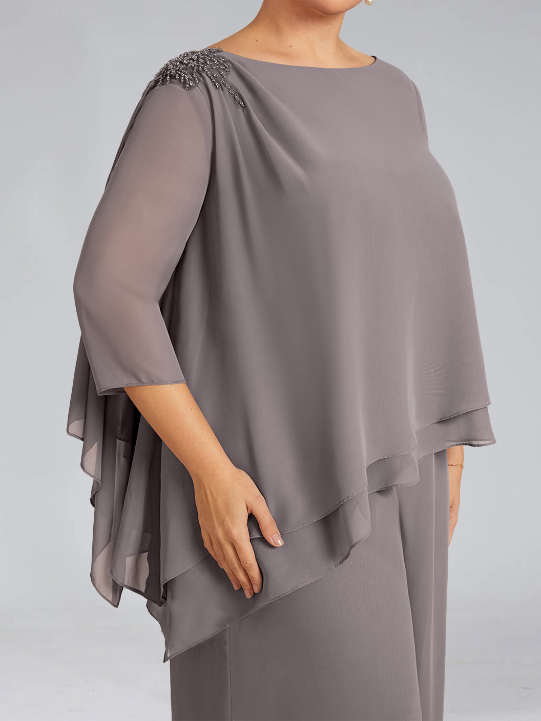 2 Piece Scoop Neck Chiffon Gown with 3/4 Sleeves and Beading for Plus Size Mothers of the Bride