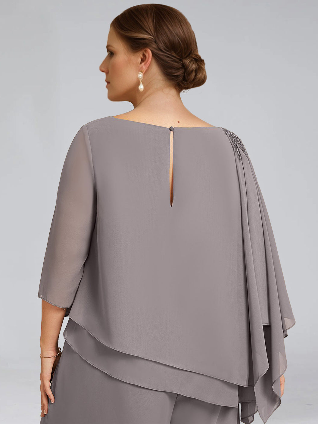 2 Piece Scoop Neck Chiffon Gown with 3/4 Sleeves and Beading for Plus Size Mothers of the Bride
