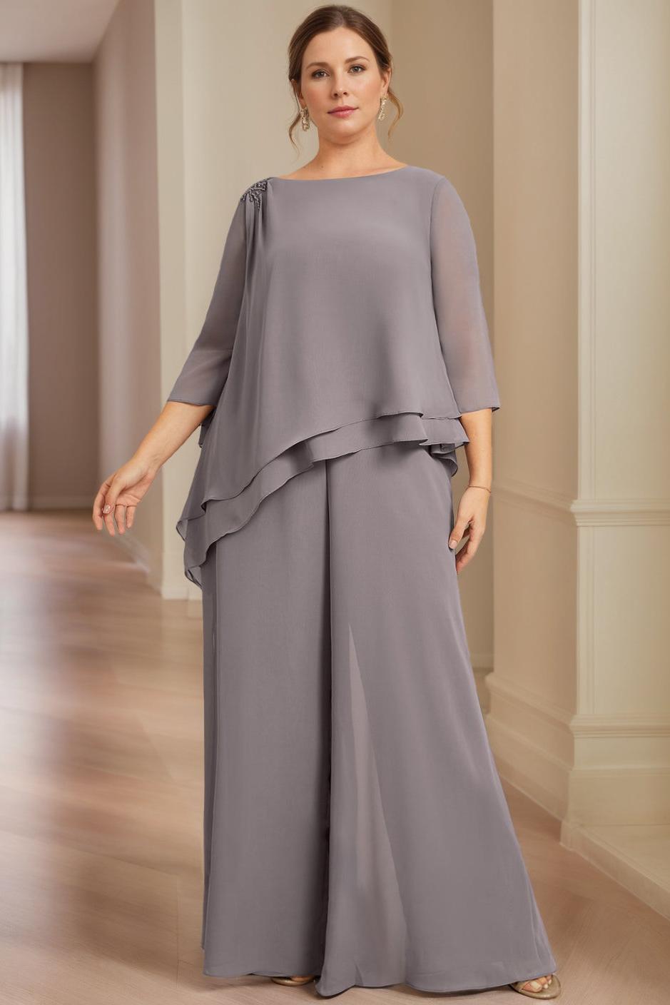 2 Piece Scoop Neck Chiffon Gown with 3/4 Sleeves and Beading for Plus Size Mothers of the Bride