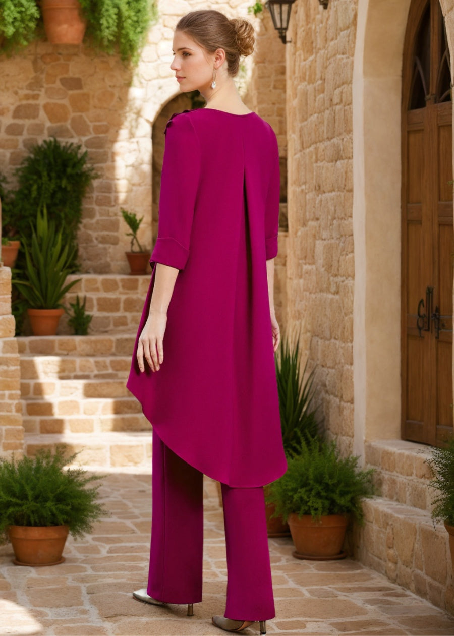 2 Piece V Neck 3/4 Sleeve Long Ruffled Pantsuit with Jewel Embellishments for the Mother of the Bride