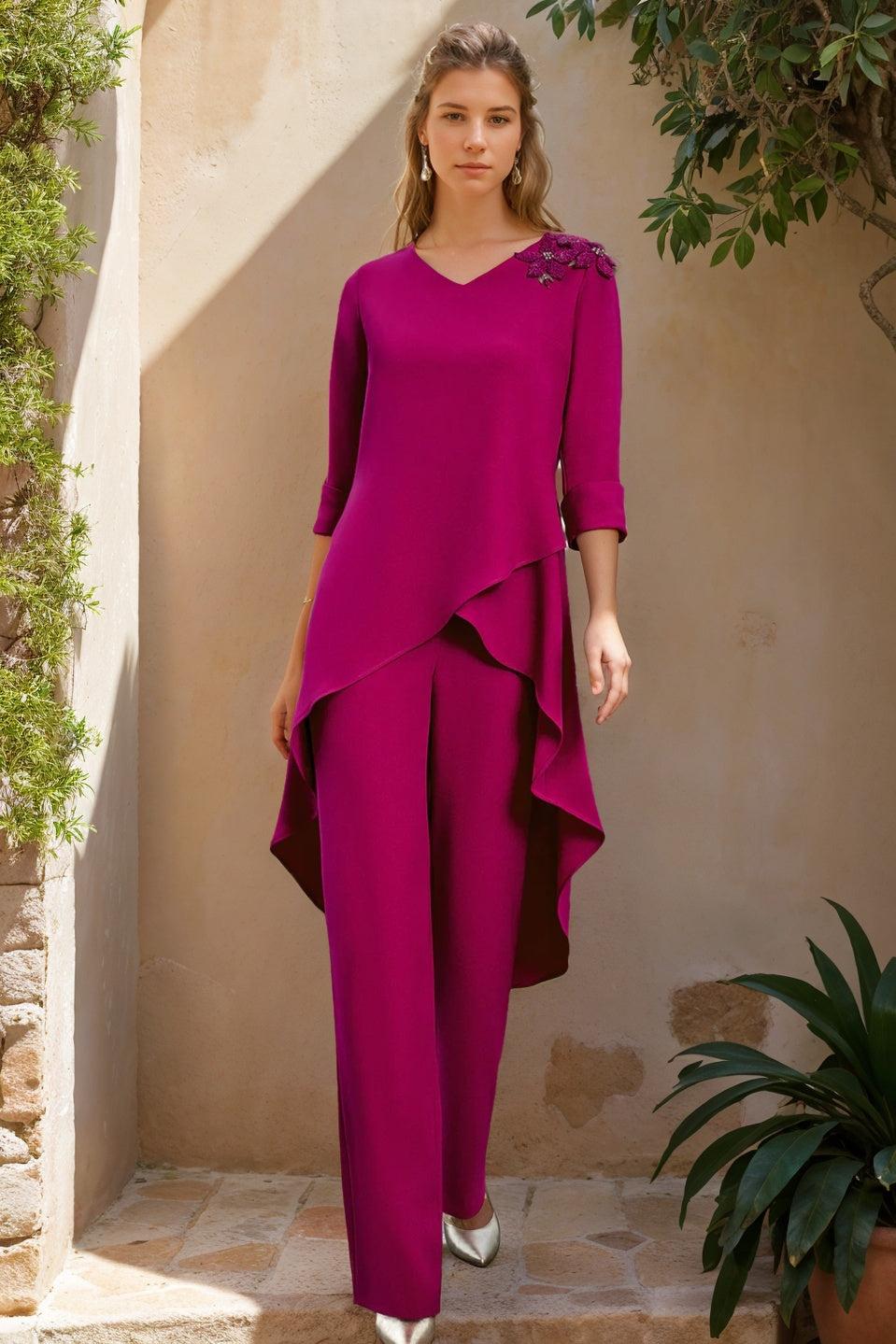 2 Piece V Neck 3/4 Sleeve Long Ruffled Pantsuit with Jewel Embellishments for the Mother of the Bride