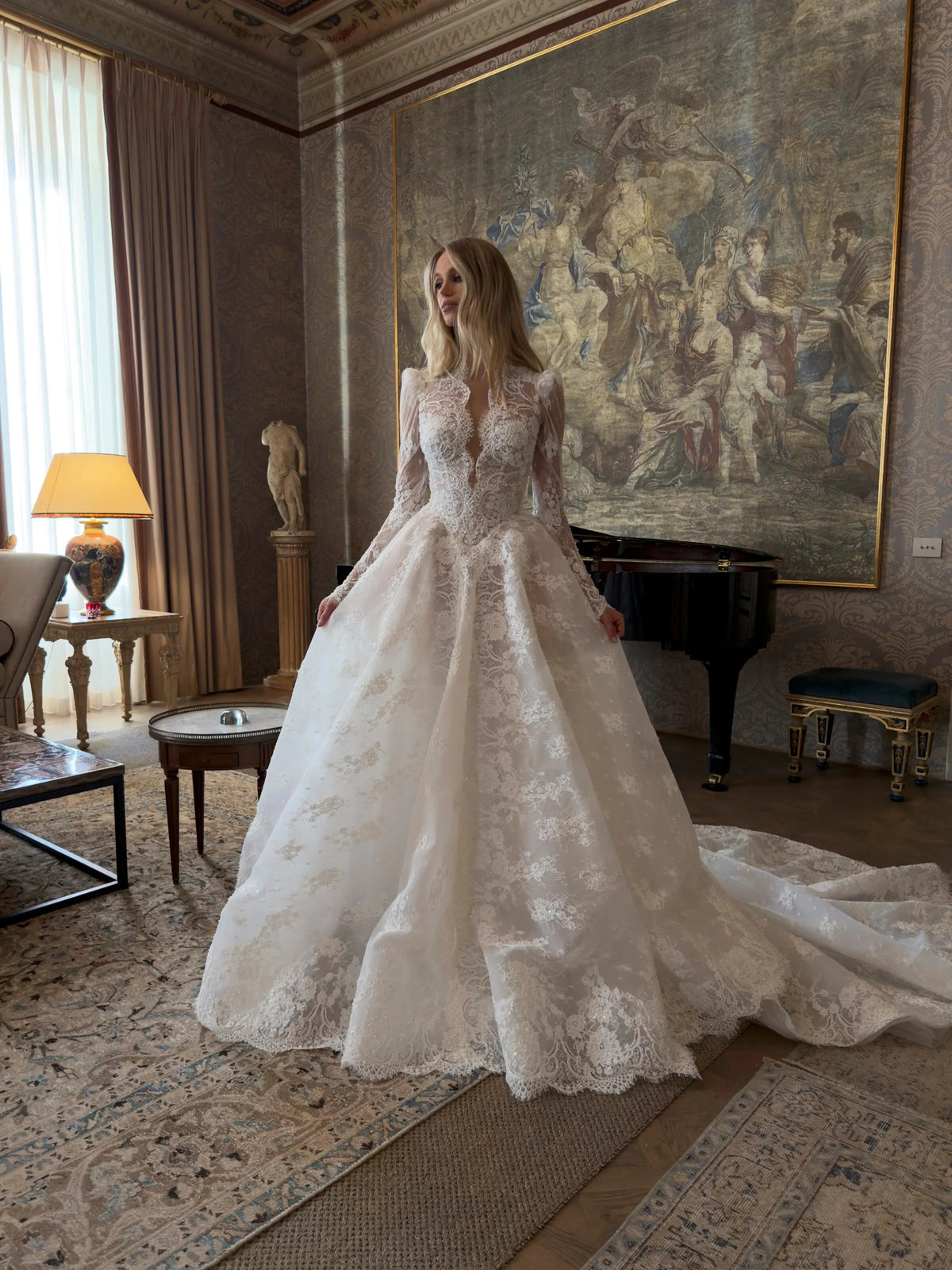 Luxury White High Neck Sequin Long Sleeve Lace A-Line Wedding Dress ZP094