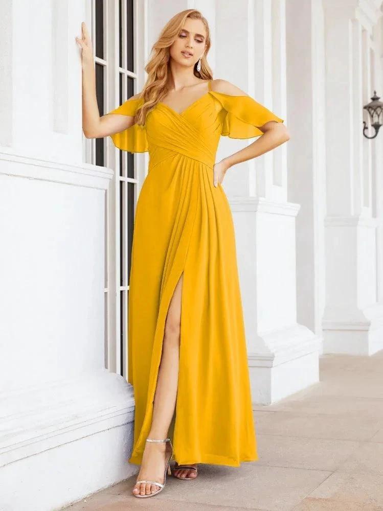 Numbersea Cold Shoulder Long Bridesmaid Dresses Side Slit Formal Prom Gowns Party Wedding 28070 by numbersea