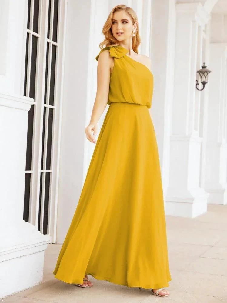Numbersea Chiffon Ruffled One Shoulder Sleeveless Long Bride Dresses A-line Formal Evening Gown Side Split 28057 by numbersea