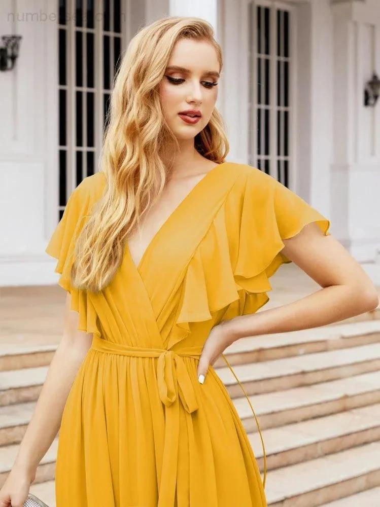 ZapDress Women's Open Back Formal Evening Party Prom Gowns V-Neck Long Chiffon Bridesmaid Dresses with Waist Belt 28038 (ZD17000)