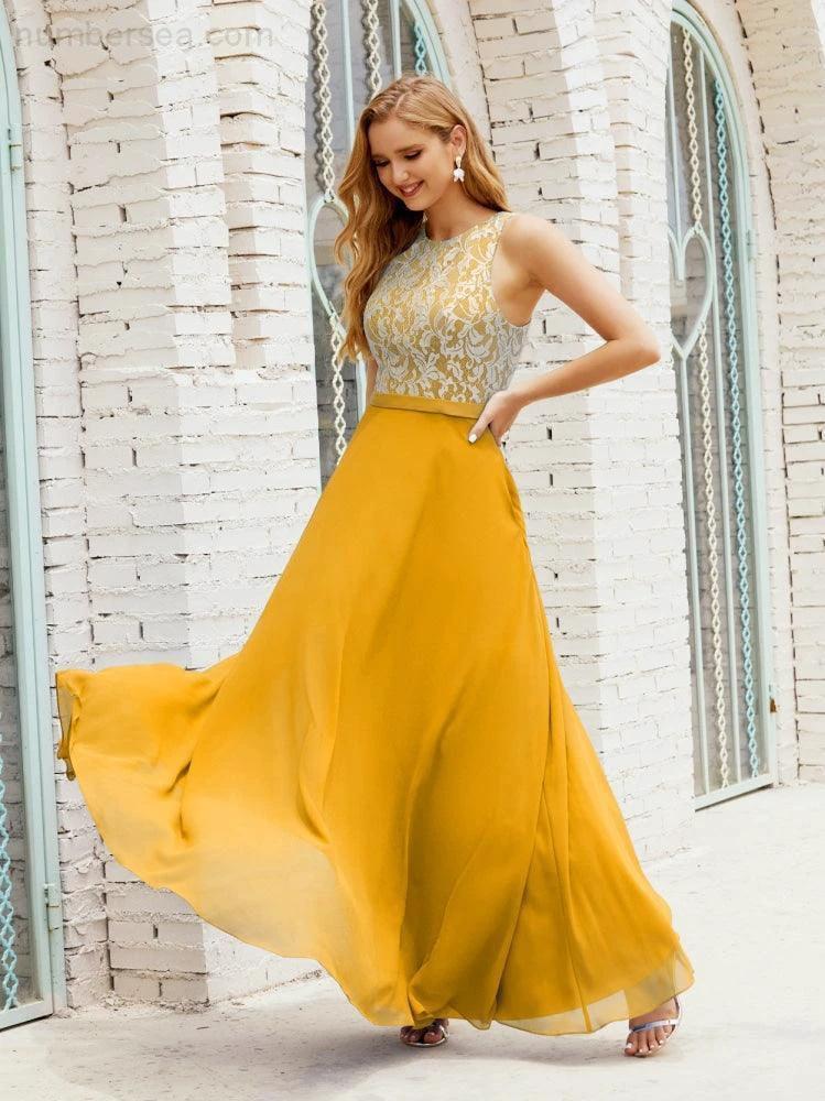 Lace Bridesmaid Dress Floor Length Evening Gowns with Pockets 28017 (ZD16964)