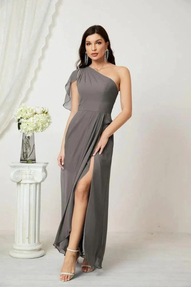 Numbersea Chiffon Ruffled One Shoulder Long Bridesmaid Dresses A-line Formal Evening Gown Side Split 2809 by numbersea