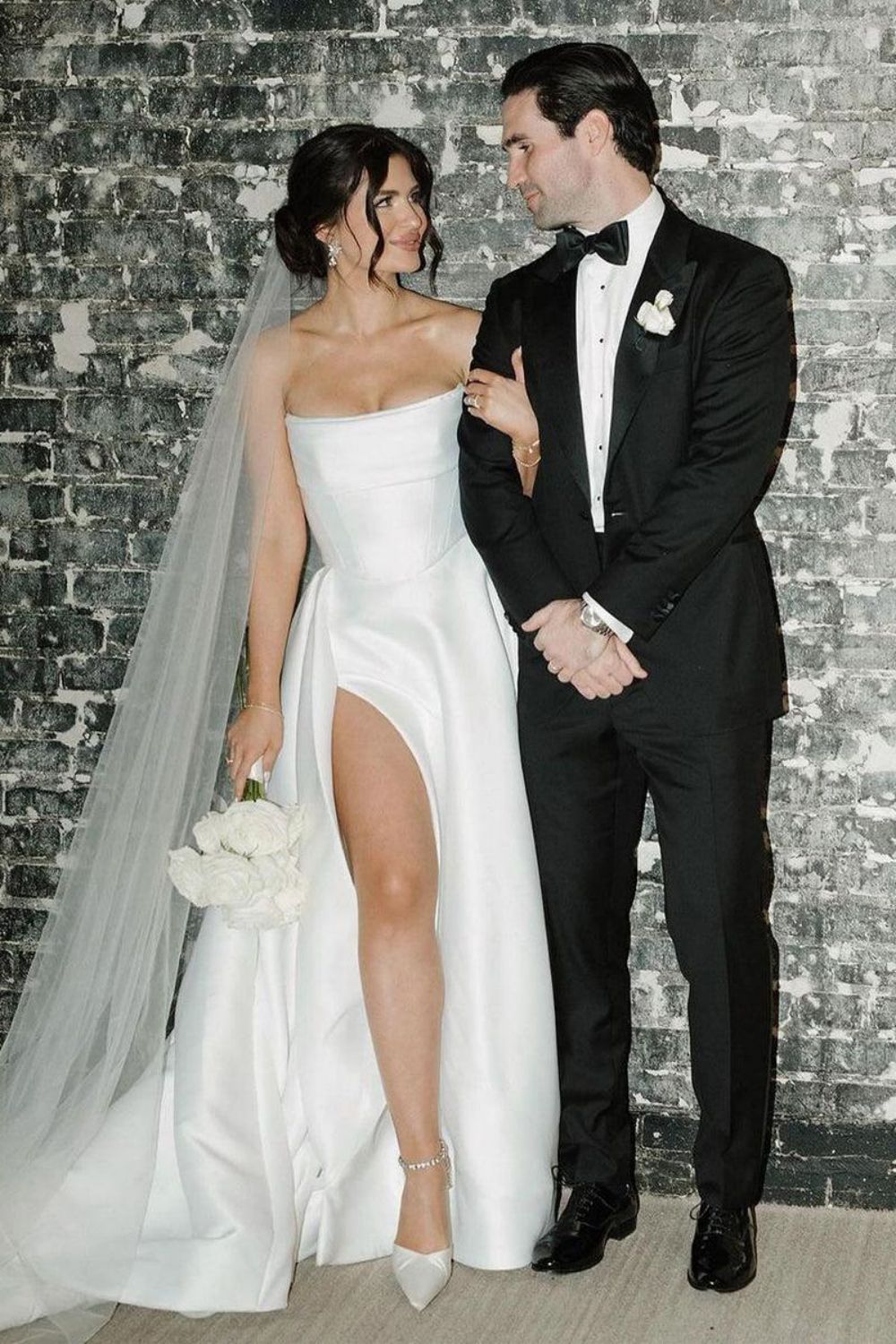Elegant A Line Strapless White Long Bridal Dress with Split Front - VelvetHem