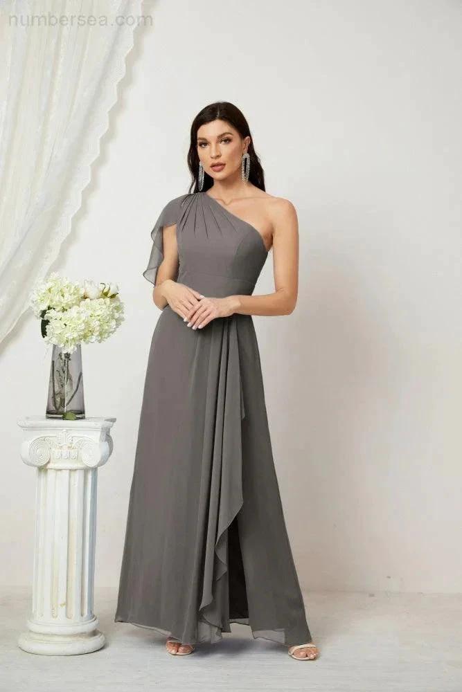 ZapDress  Chiffon Ruffled One Shoulder Long Bridesmaid Dresses A-line Formal Evening Gown Side Split 2809 (ZD17049)