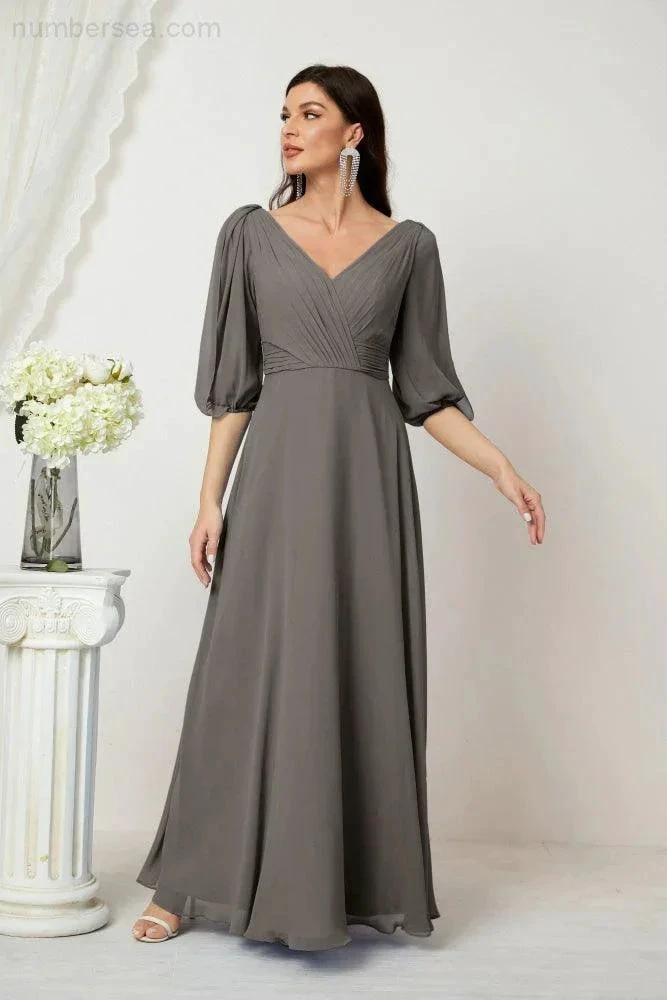 ZapDress  Formal Prom Gown Women V-Neck Chiffon Bridesmaid Dresses Long Bishop Sleeve Party Dress 2807 (ZD17027)