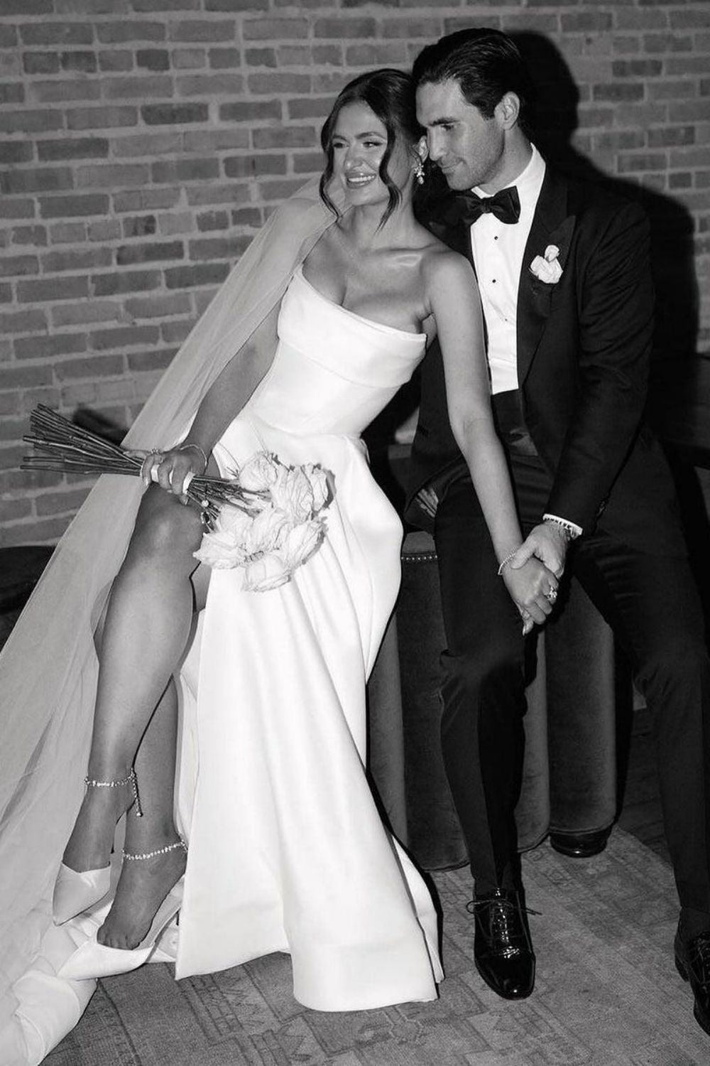 Elegant A Line Strapless White Long Bridal Dress with Split Front - View 4 | VelvetHem