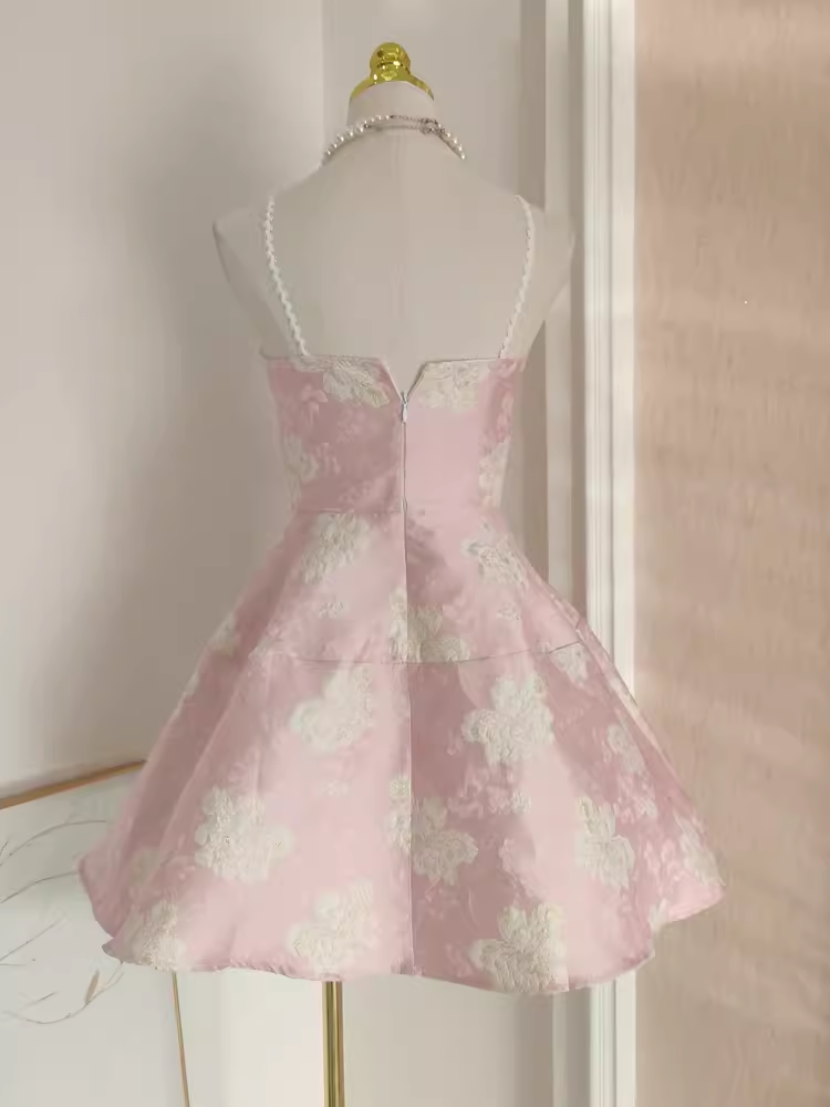 Cute A line Spaghetti Straps Pink Satin Holiday Dresses Short Birthday Dress - View 4 | VelvetHem