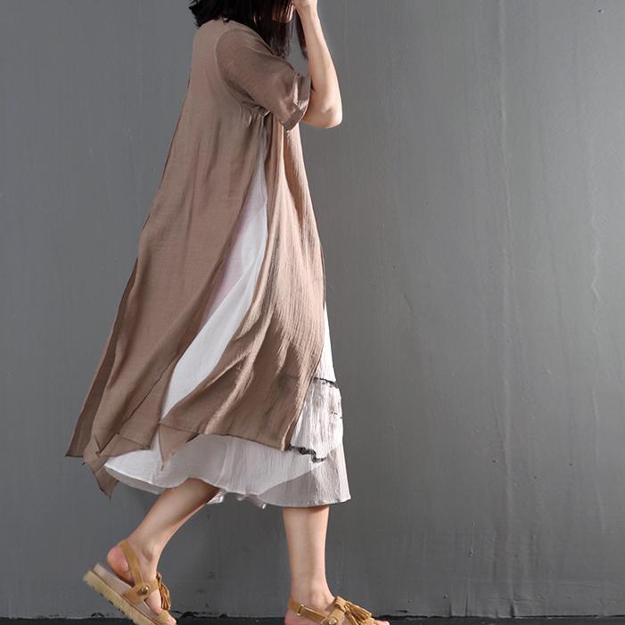 Khaki cotton layered sundress loose causal summer maxi dresses print dress inside