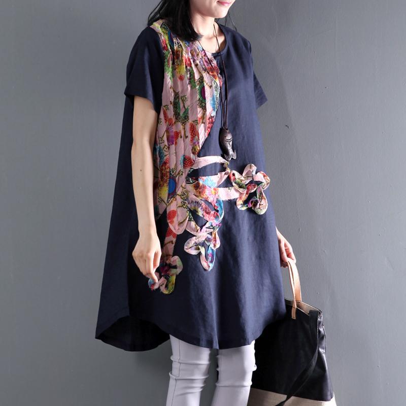 Navy floral sundress asymmetric short sleeve summer blouse dresses top