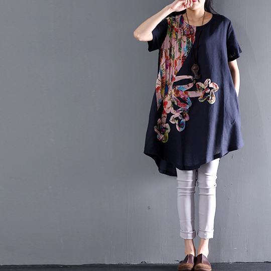 Navy floral sundress asymmetric short sleeve summer blouse dresses top