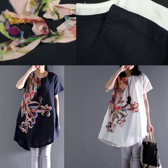 Navy floral sundress asymmetric short sleeve summer blouse dresses top