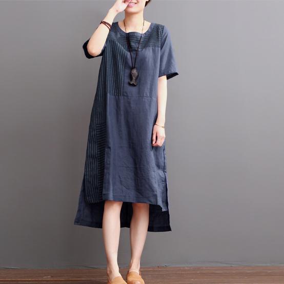 Navy linen dresses for summer patchwork asymmetrical desgin sundress