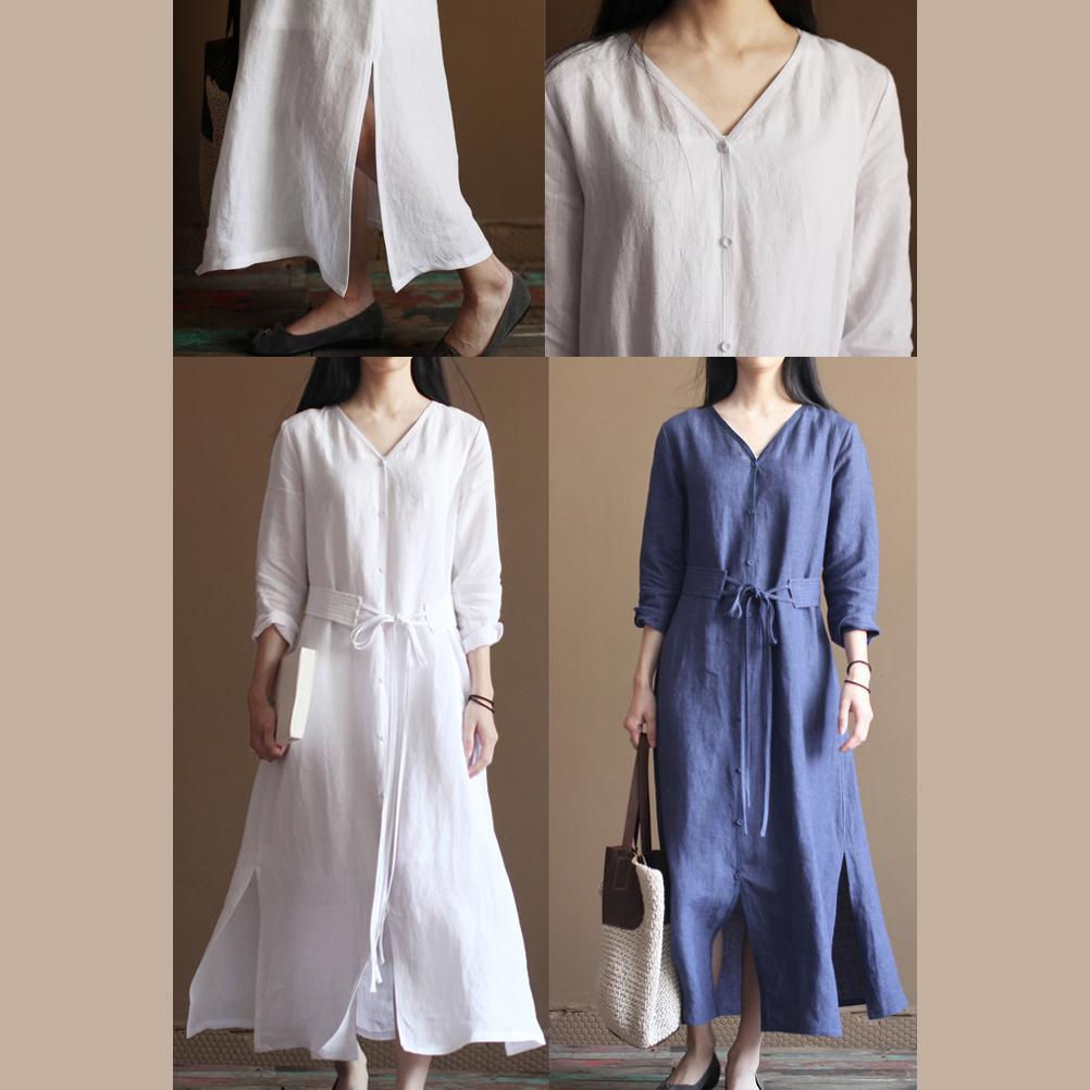 fall Blue vintage long line dresses plus size linen clothing