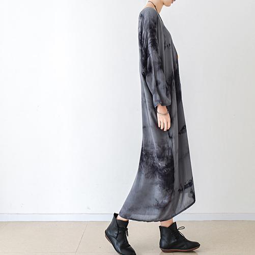 fall gray floral linen dresses asymmetrical long sleeve cotton dress plus size clothing
