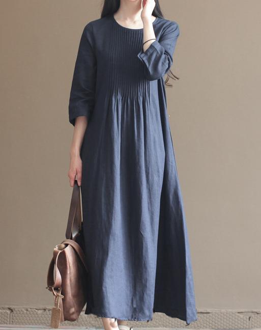fall navy pleated linen dresses bracelet sleeve linen maxi dress caftans