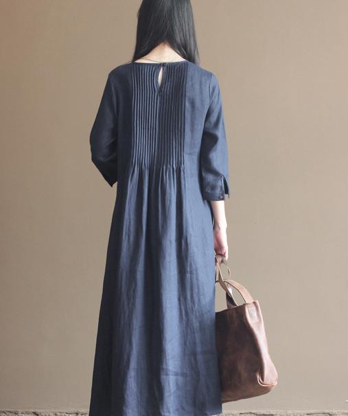 fall navy pleated linen dresses bracelet sleeve linen maxi dress caftans