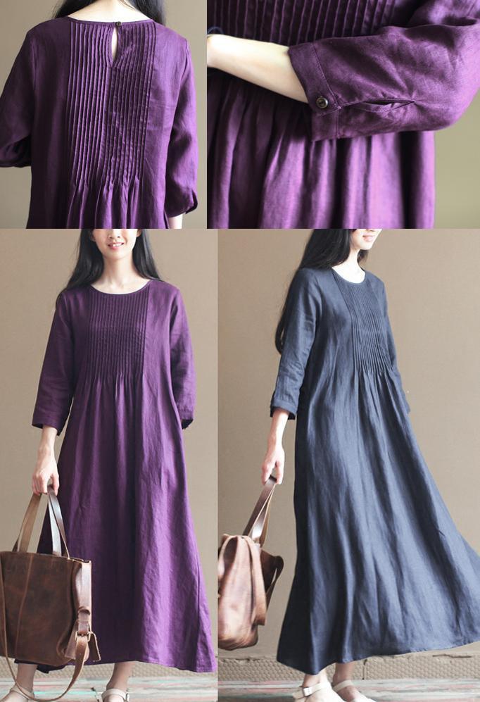 Fall Purple Linen Dresses Bracelet Sleeve Pleated Linen Maxi Dress Gowns