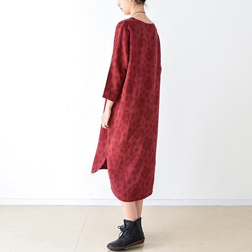 fall red linen dress floral oversized cotton dresses