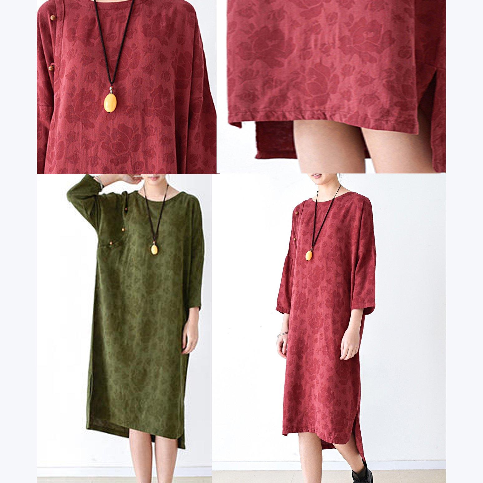 fall red linen dress floral oversized cotton dresses