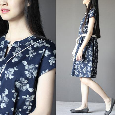 retro navy print tunic sundress plus size summer cotton dresses