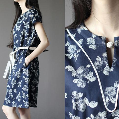 retro navy print tunic sundress plus size summer cotton dresses