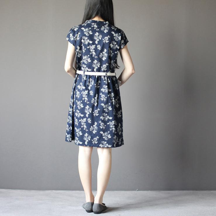 retro navy print tunic sundress plus size summer cotton dresses
