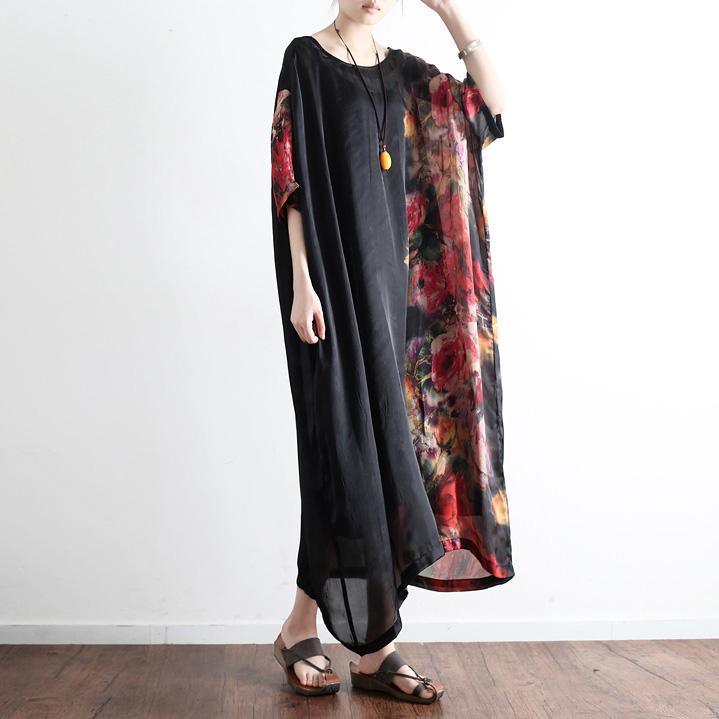 Black Prints Silk Dresses Plus Size Sundress Patchwork Short Sleeve Maxi Dress